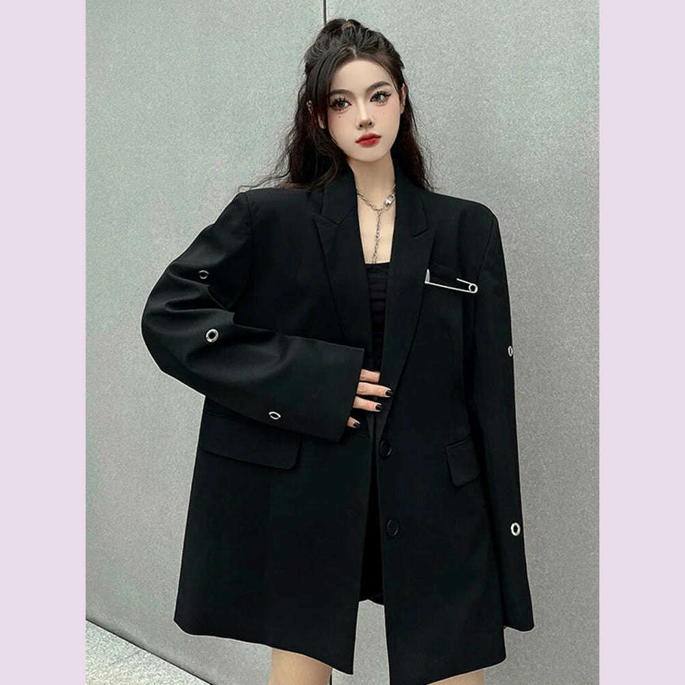 SONNEESD Streetwear Harajuku Style Fashion Neutral Coat Vintage Personality Pin Design Loose Black Stereo Cutting Suit Coat - KIMLUD