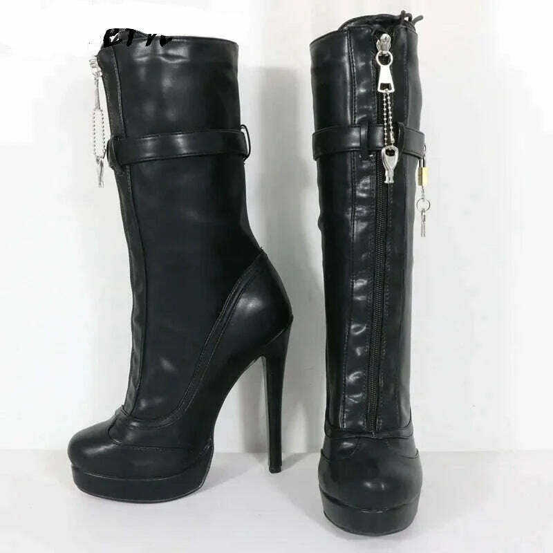 Sorbern Unisex High Ankle Boots Women Straps With Locks Visible Platform High Heels 25Cm Shaft Height Lockable Front Zipper Boot - KIMLUD