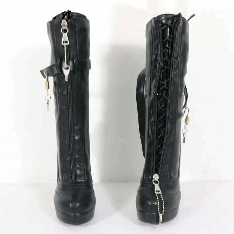 Sorbern Unisex High Ankle Boots Women Straps With Locks Visible Platform High Heels 25Cm Shaft Height Lockable Front Zipper Boot - KIMLUD