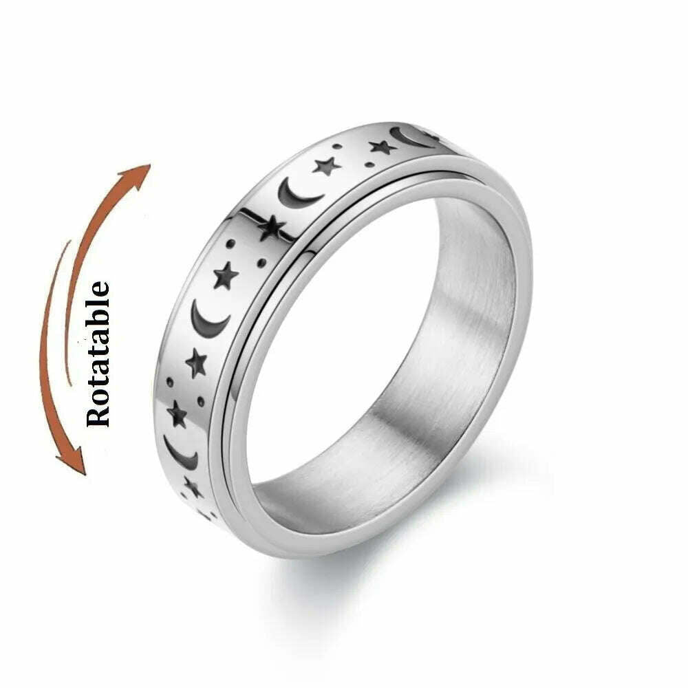 Spinning Anxiety Relaxing Ring With Star And Moon For Women Stainless Steel Rotate Freely Fidget Spinner Rings Bohemia Jewelry - KIMLUD