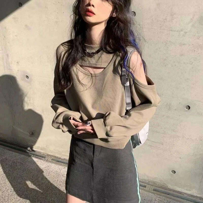 Spring Autumn Casual Fashion Hollow Out Sweatshirt Ladies Loose All-match Off the Shoulder Top Women Korean Style Solid Pullover - KIMLUD