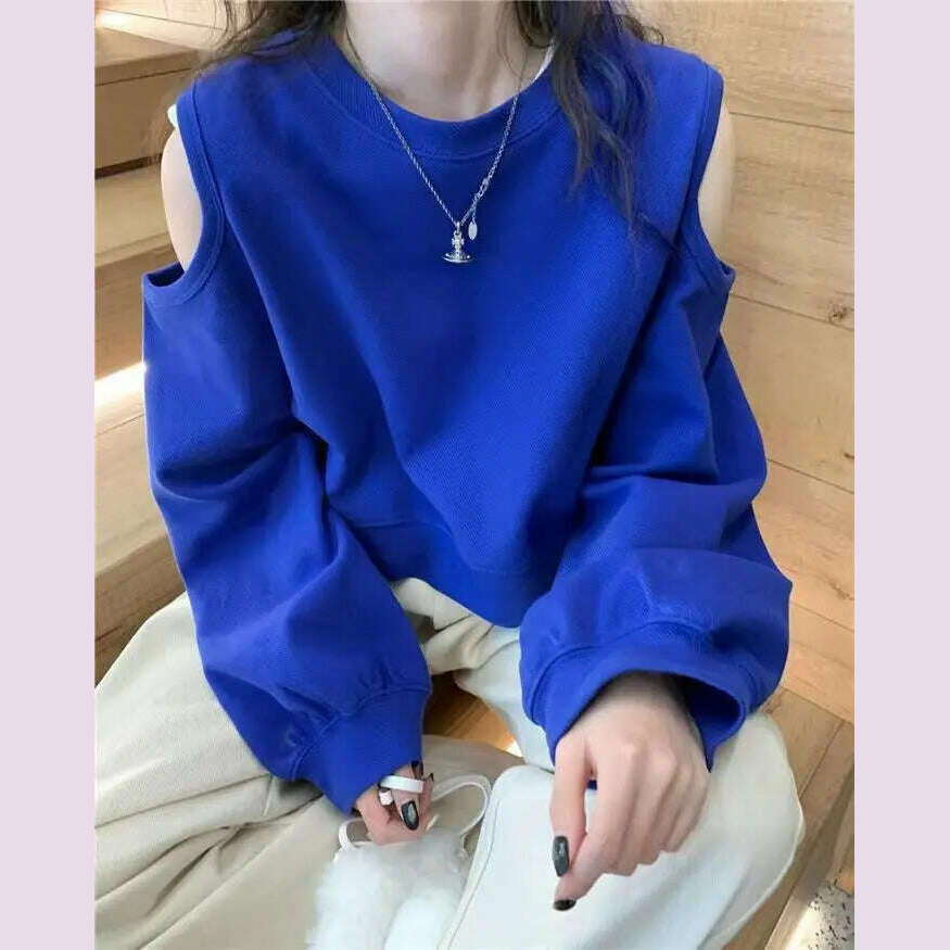 Spring Autumn Casual Fashion Hollow Out Sweatshirt Ladies Loose All-match Off the Shoulder Top Women Korean Style Solid Pullover - KIMLUD