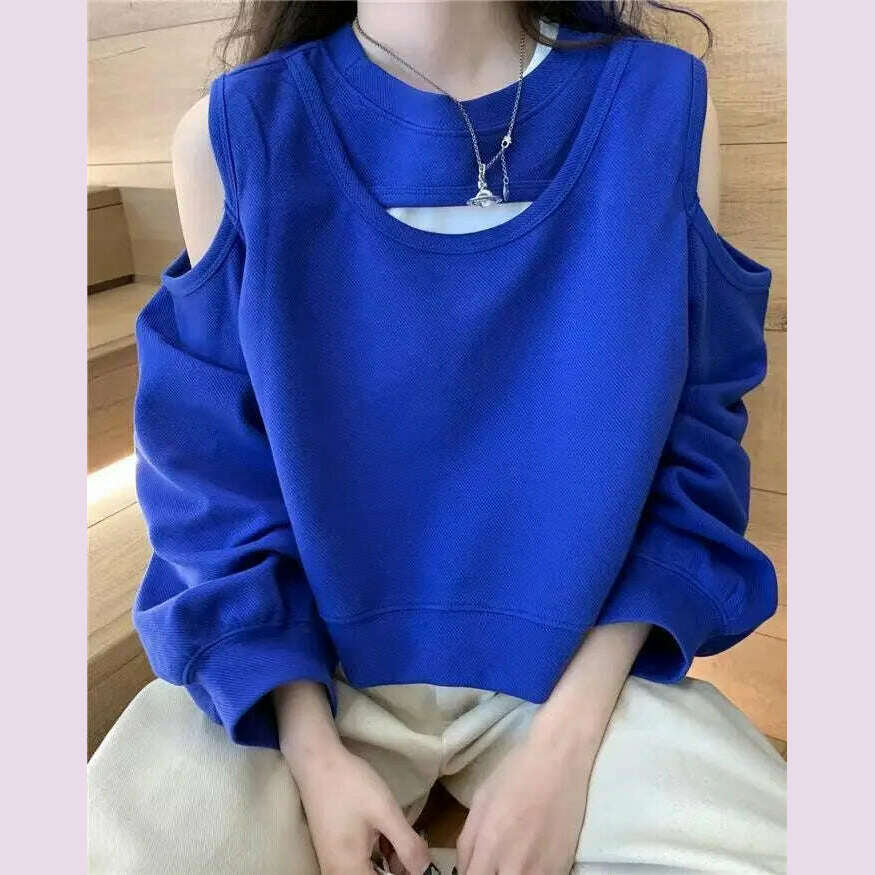 Spring Autumn Casual Fashion Hollow Out Sweatshirt Ladies Loose All-match Off the Shoulder Top Women Korean Style Solid Pullover - KIMLUD