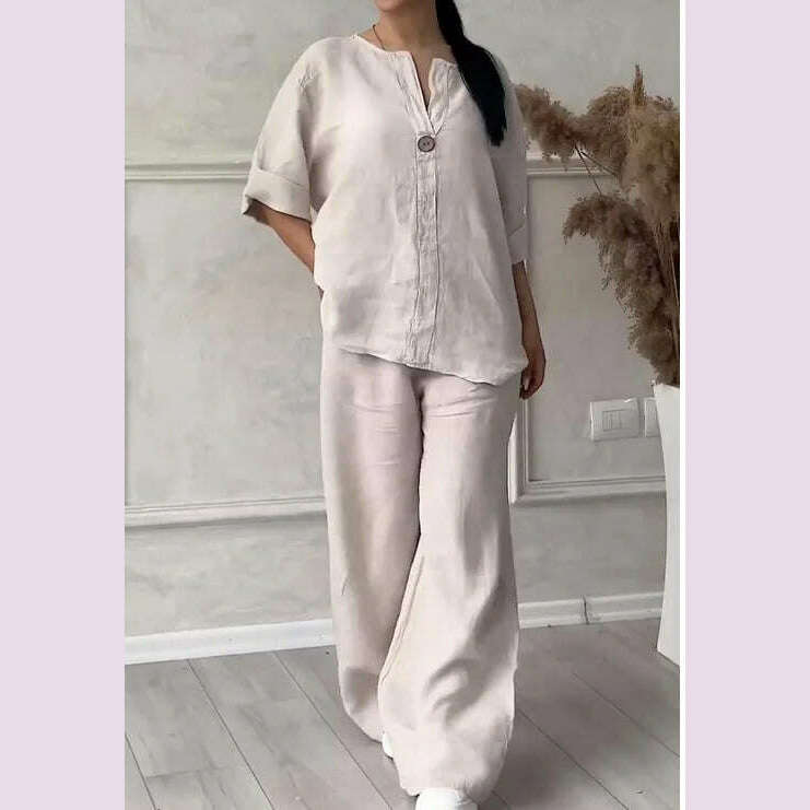 Spring Autumn Fashion Cotton And Linen Solid Two Piece Set Women Causal Loose V-neck Top Wide Leg Pants 2 Piece Sets Woman - KIMLUD