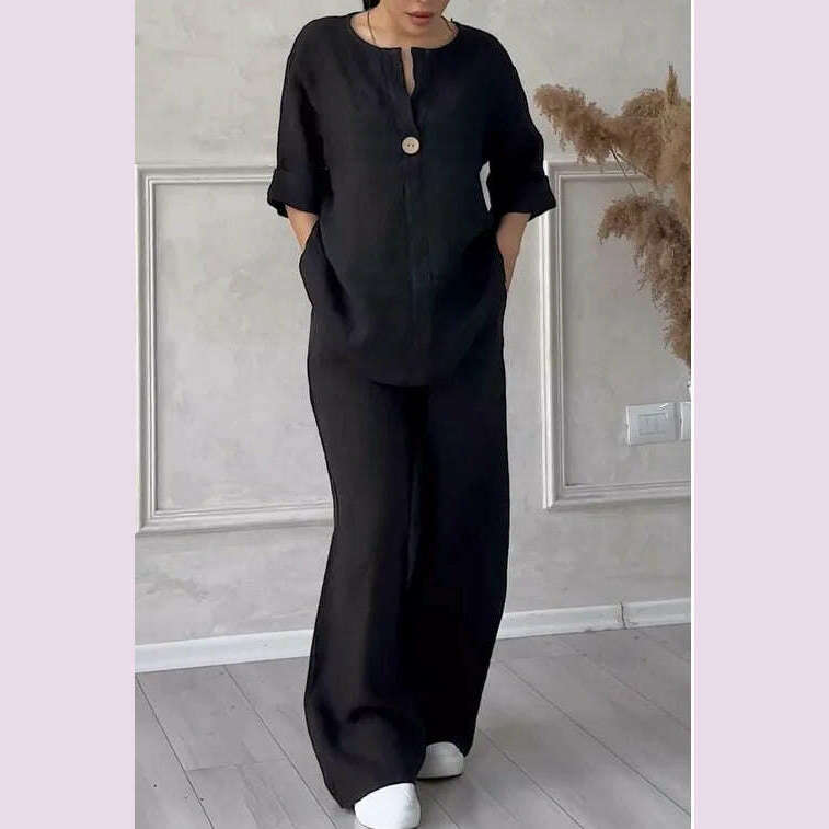 Spring Autumn Fashion Cotton And Linen Solid Two Piece Set Women Causal Loose V-neck Top Wide Leg Pants 2 Piece Sets Woman - KIMLUD