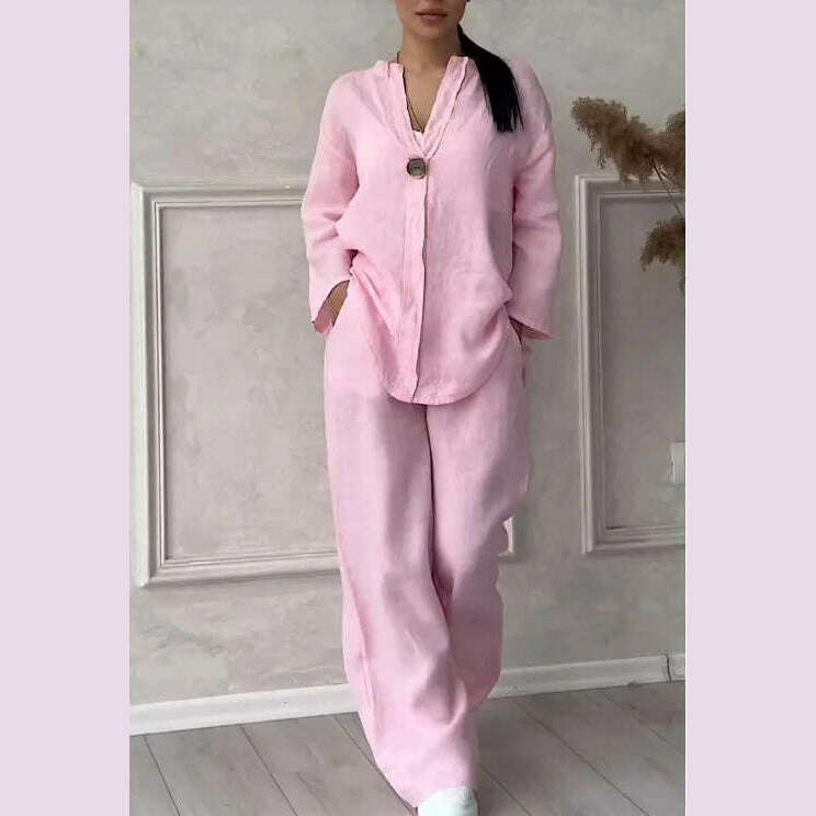 Spring Autumn Fashion Cotton And Linen Solid Two Piece Set Women Causal Loose V-neck Top Wide Leg Pants 2 Piece Sets Woman - KIMLUD