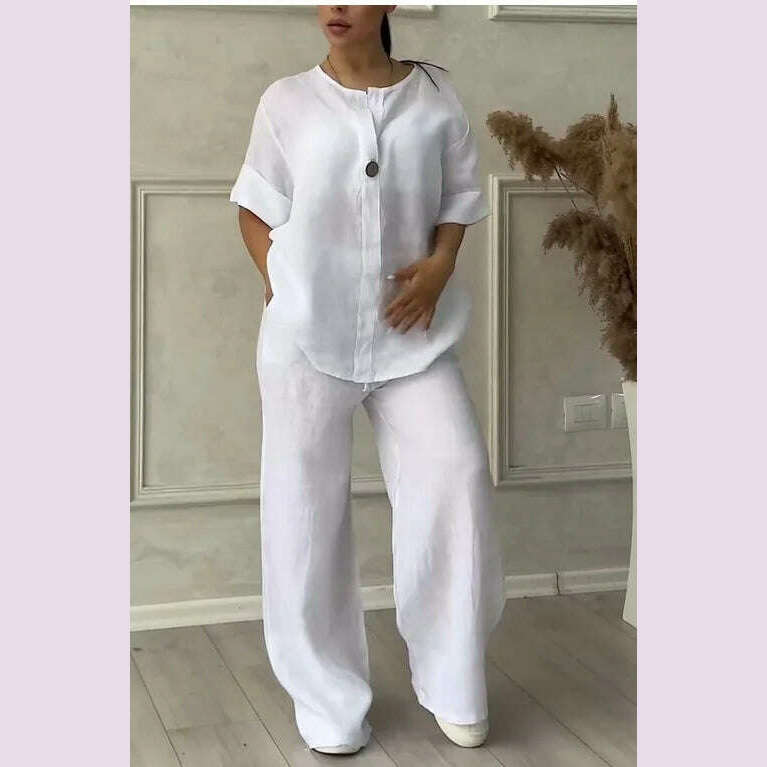 Spring Autumn Fashion Cotton And Linen Solid Two Piece Set Women Causal Loose V-neck Top Wide Leg Pants 2 Piece Sets Woman - KIMLUD