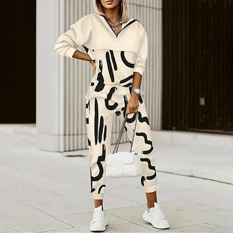 Spring Autumn Lady Casual Long Pants Suit Women Patchwork Zip Top Print Trousers Set Loose High Waist Pants Two Piece Set Outfit - KIMLUD