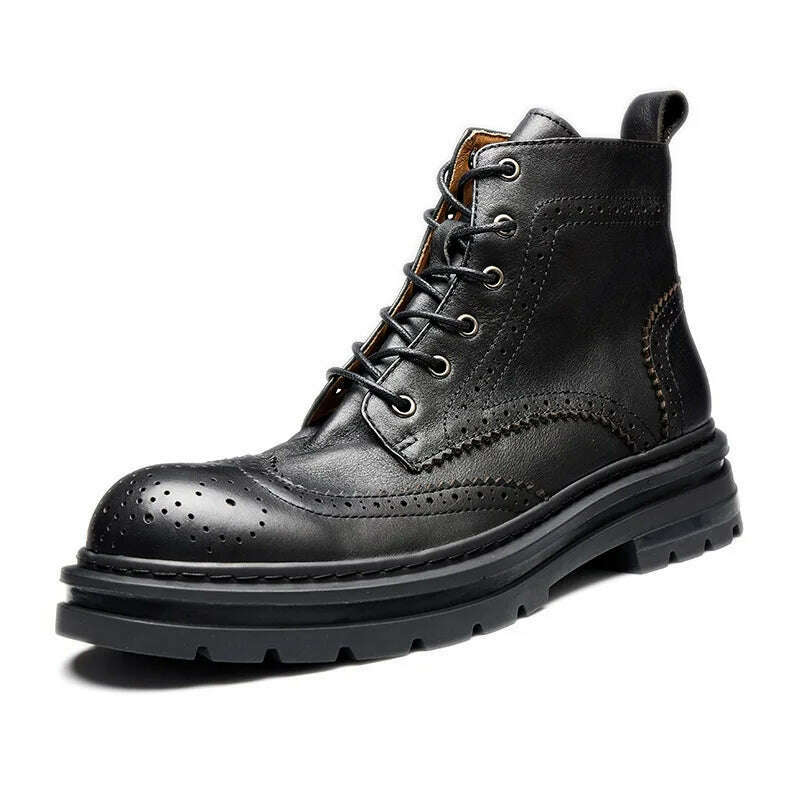 Spring Autumn New British Style Retro Chunky Bottom Platform Genuine Leather Men Short High Top Brogue Motorcycle Boots 2307 - KIMLUD
