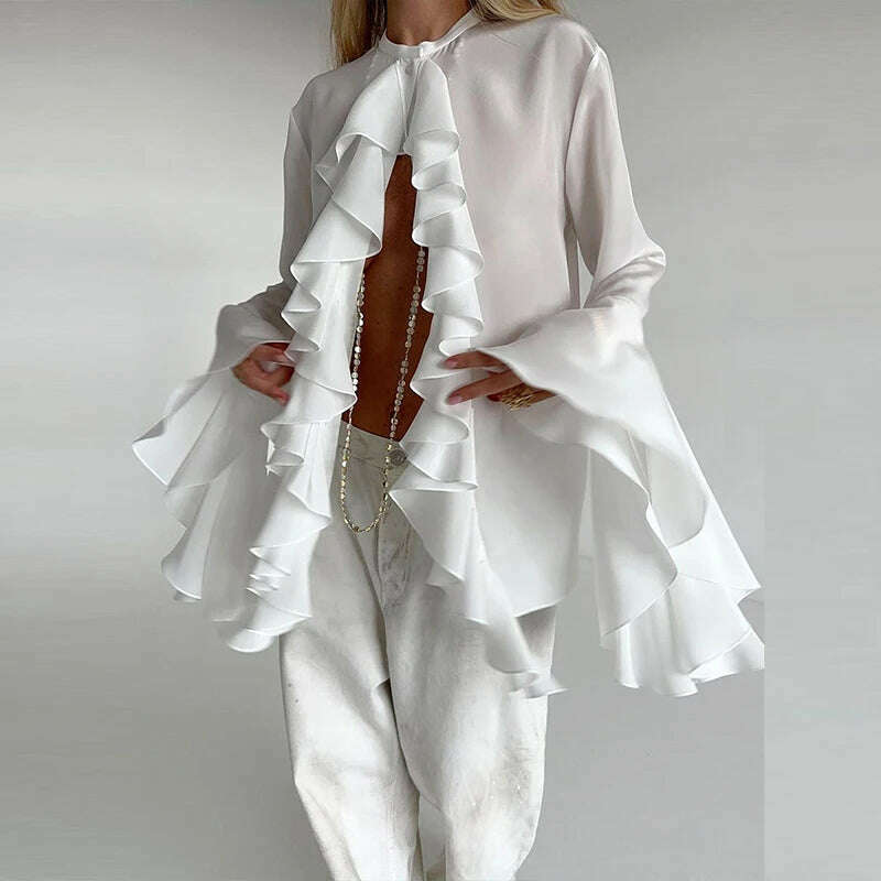 Spring Fashion Design Ruffle Single Breasted Shirt Casual Women O-neck Butterfly Sleeve Blouses Lady Temperament Cardigan Tops - KIMLUD