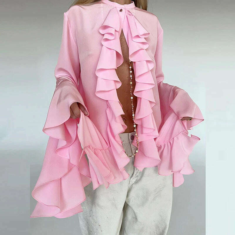 Spring Fashion Design Ruffle Single Breasted Shirt Casual Women O-neck Butterfly Sleeve Blouses Lady Temperament Cardigan Tops - KIMLUD