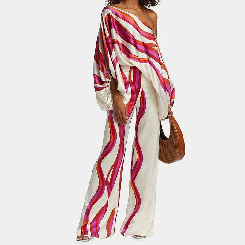 Spring Summer Loungewear Women Slash Neck Long Batwing Sleeve 2 Pieces Matching Sets 2023 Printing Wide Leg Pants Ladies Outfit - KIMLUD
