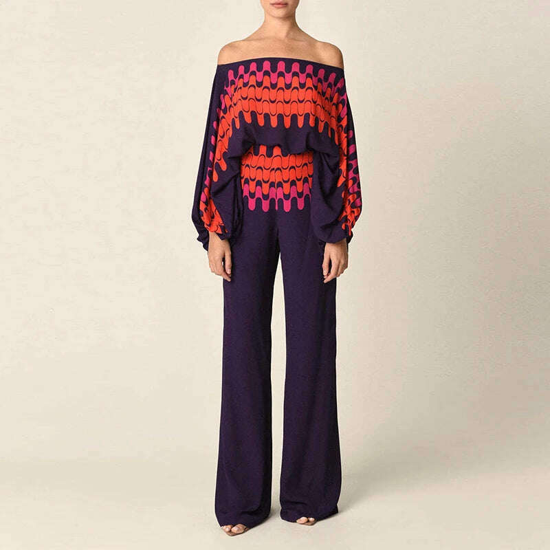 Spring Summer Loungewear Women Slash Neck Long Batwing Sleeve 2 Pieces Matching Sets 2023 Printing Wide Leg Pants Ladies Outfit - KIMLUD