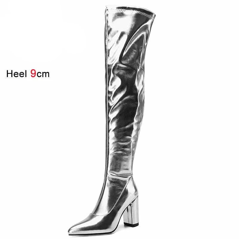 Spring/Autumn Over-the-Knee Women's Boots Thick Heel Pointed Toe Zipper Square High Heel Thigh Boots Elastic Riding Boot Female - KIMLUD