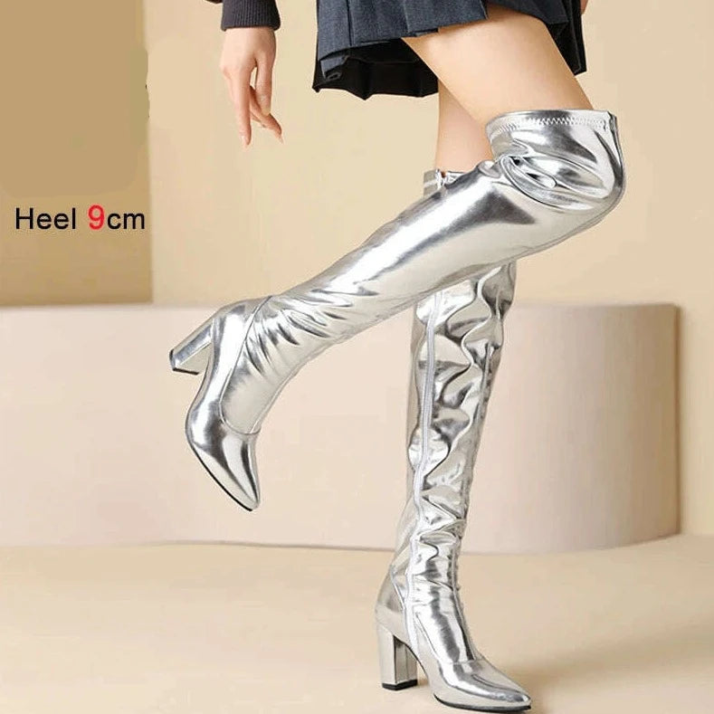 Spring/Autumn Over-the-Knee Women's Boots Thick Heel Pointed Toe Zipper Square High Heel Thigh Boots Elastic Riding Boot Female - KIMLUD