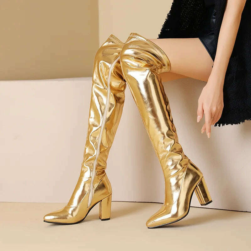 Spring/Autumn Over-the-Knee Women's Boots Thick Heel Pointed Toe Zipper Square High Heel Thigh Boots Elastic Riding Boot Female - KIMLUD
