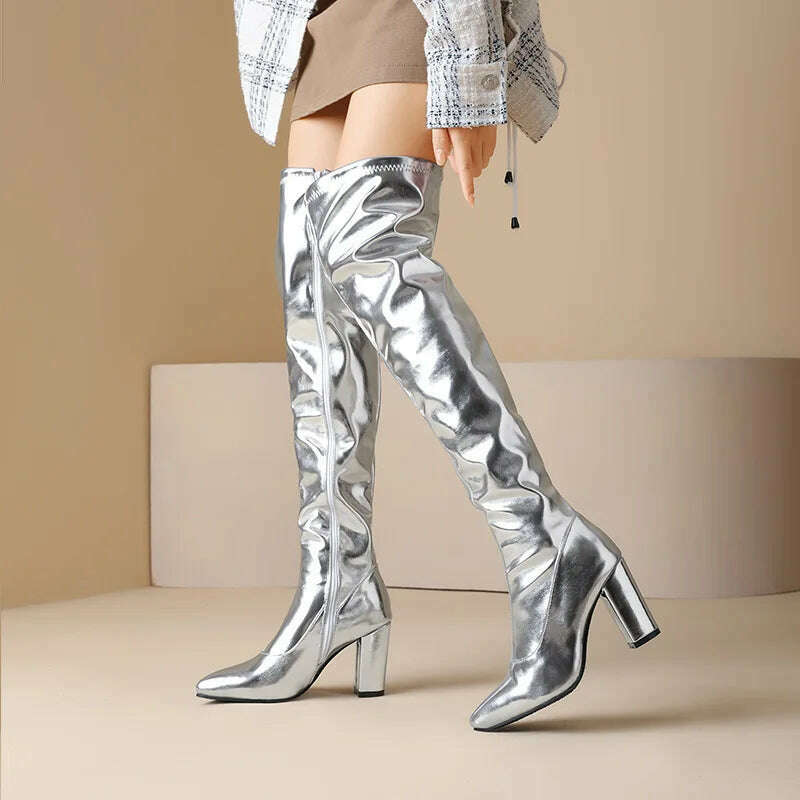 Spring/Autumn Over-the-Knee Women's Boots Thick Heel Pointed Toe Zipper Square High Heel Thigh Boots Elastic Riding Boot Female - KIMLUD
