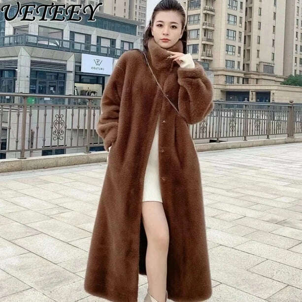 Stand Collar Long Sleeve Women's European Mink Mid-Length Coat Casual Trend Fashionable Jacket Winter Long Solid Color Overcoat - KIMLUD