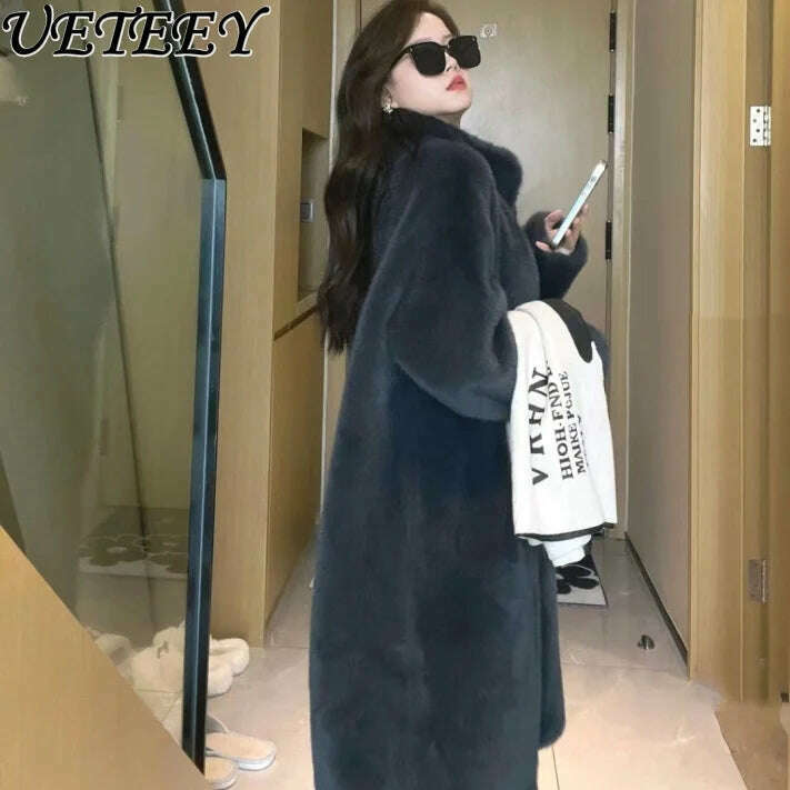 Stand Collar Long Sleeve Women's European Mink Mid-Length Coat Casual Trend Fashionable Jacket Winter Long Solid Color Overcoat - KIMLUD