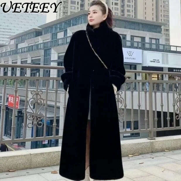 Stand Collar Long Sleeve Women's European Mink Mid-Length Coat Casual Trend Fashionable Jacket Winter Long Solid Color Overcoat - KIMLUD