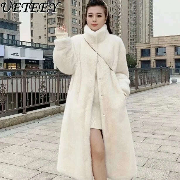 Stand Collar Long Sleeve Women's European Mink Mid-Length Coat Casual Trend Fashionable Jacket Winter Long Solid Color Overcoat - KIMLUD