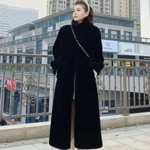 Stand Collar Long Sleeve Women's European Mink Mid-Length Coat Casual Trend Fashionable Jacket Winter Long Solid Color Overcoat - KIMLUD
