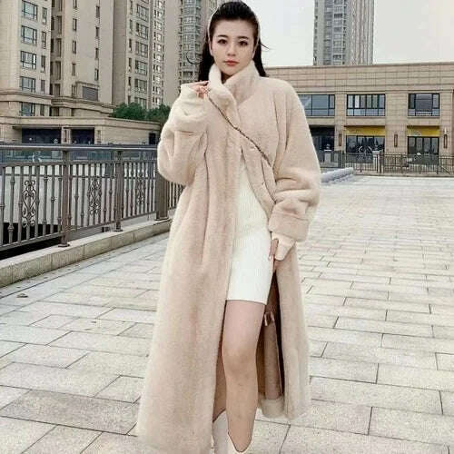 Stand Collar Long Sleeve Women's European Mink Mid-Length Coat Casual Trend Fashionable Jacket Winter Long Solid Color Overcoat - KIMLUD