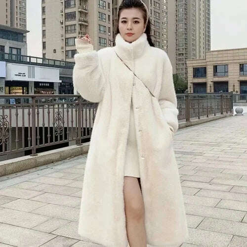 Stand Collar Long Sleeve Women's European Mink Mid-Length Coat Casual Trend Fashionable Jacket Winter Long Solid Color Overcoat - KIMLUD