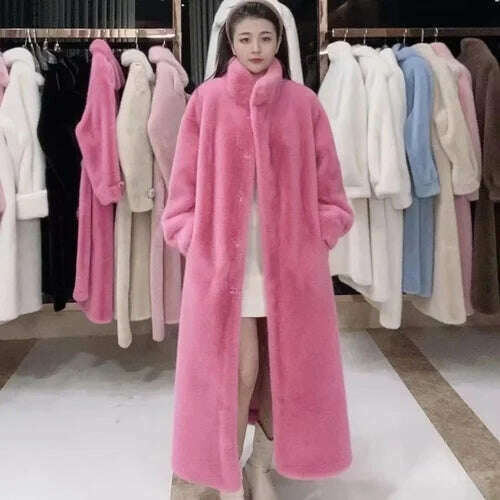 Stand Collar Long Sleeve Women's European Mink Mid-Length Coat Casual Trend Fashionable Jacket Winter Long Solid Color Overcoat - KIMLUD