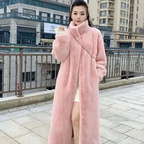 Stand Collar Long Sleeve Women's European Mink Mid-Length Coat Casual Trend Fashionable Jacket Winter Long Solid Color Overcoat - KIMLUD