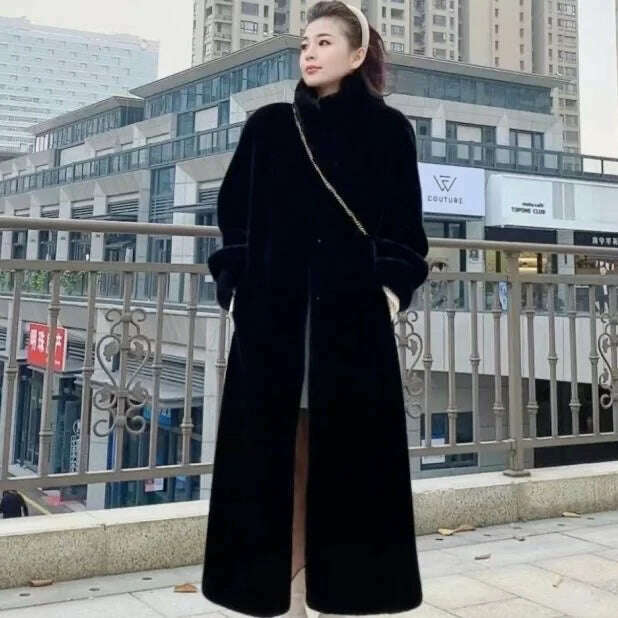 Stand Collar Long Sleeve Women's European Mink Mid-Length Coat Casual Trend Fashionable Jacket Winter Long Solid Color Overcoat - KIMLUD