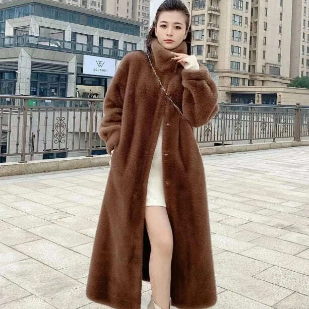Stand Collar Long Sleeve Women's European Mink Mid-Length Coat Casual Trend Fashionable Jacket Winter Long Solid Color Overcoat - KIMLUD