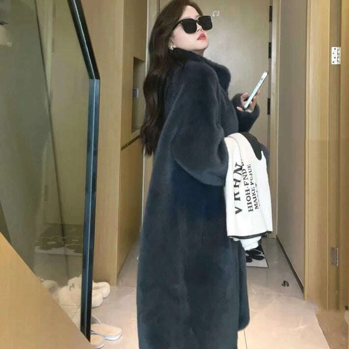 Stand Collar Long Sleeve Women's European Mink Mid-Length Coat Casual Trend Fashionable Jacket Winter Long Solid Color Overcoat - KIMLUD
