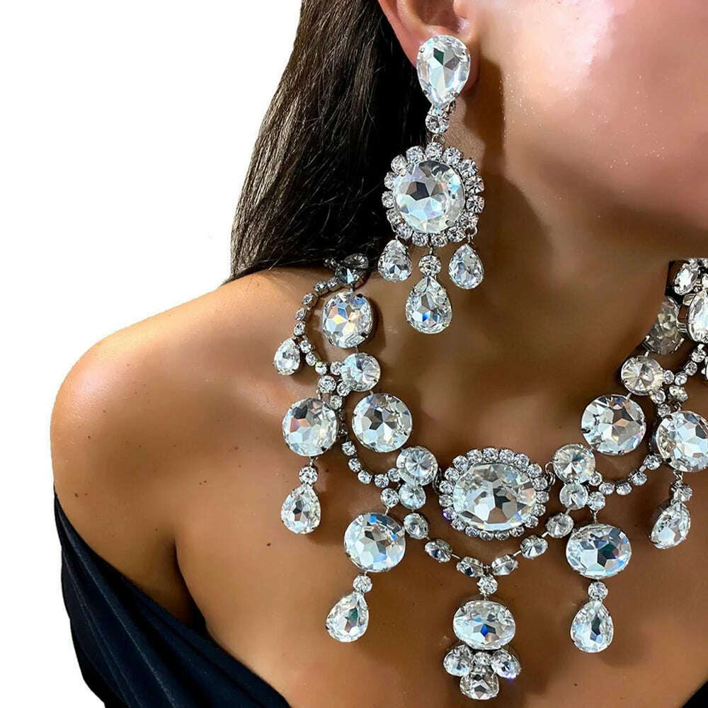 KIMLUD, Stonefans Elegant Round Crystal Necklace Earrings Set Women Decoration Exaggerated Rhinestone Bridal Jewelry Sets Wedding Gift, KIMLUD Womens Clothes