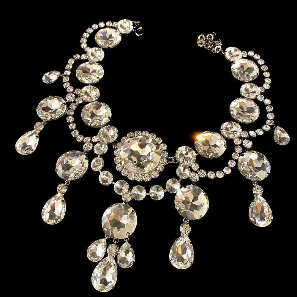KIMLUD, Stonefans Elegant Round Crystal Necklace Earrings Set Women Decoration Exaggerated Rhinestone Bridal Jewelry Sets Wedding Gift, Necklace / Silver / United States, KIMLUD APPAREL - Womens Clothes