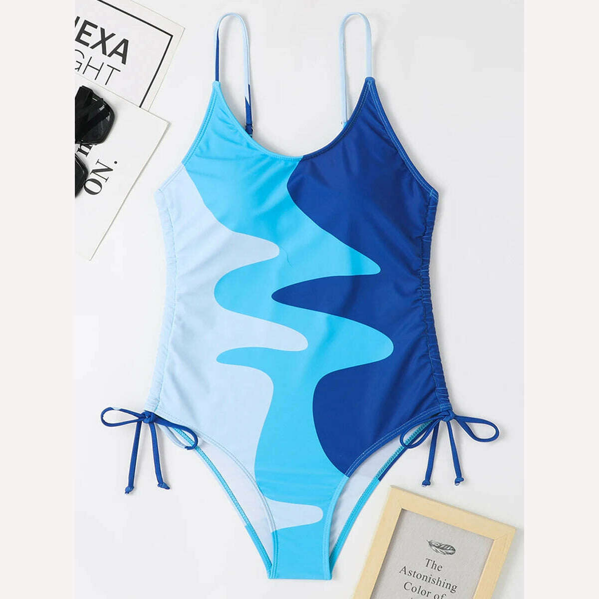 Straped Swimsuit 2023 Women Drawstring One Piece Swimwear Female Triangle Beachwear Bathers Color Block Bathing Suit Bodysuit - KIMLUD