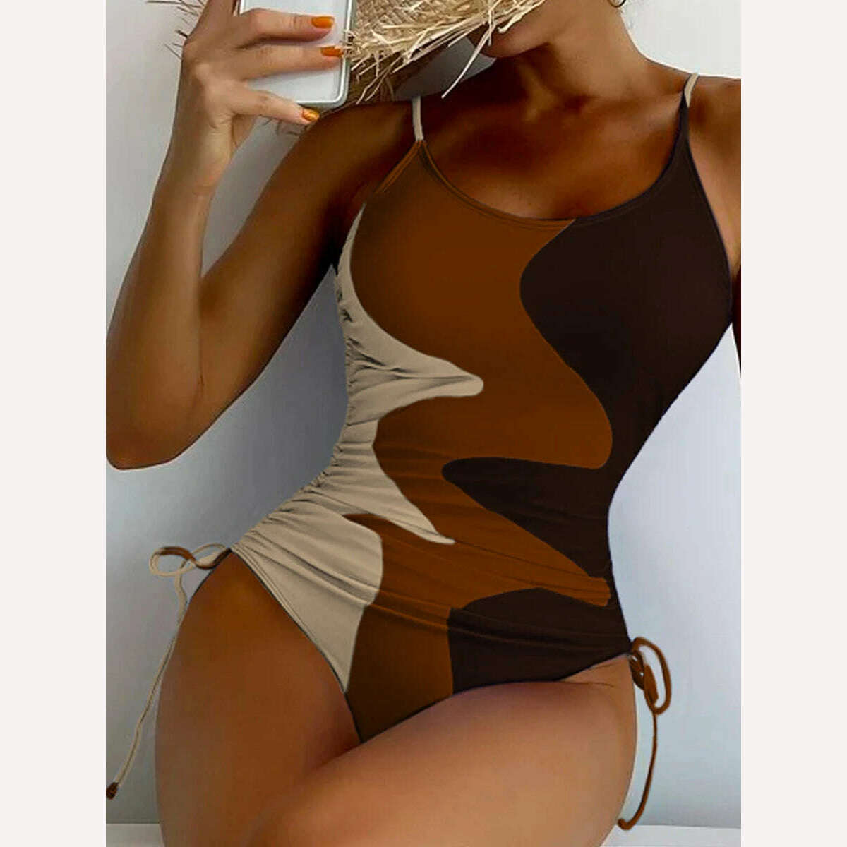 Straped Swimsuit 2023 Women Drawstring One Piece Swimwear Female Triangle Beachwear Bathers Color Block Bathing Suit Bodysuit - KIMLUD