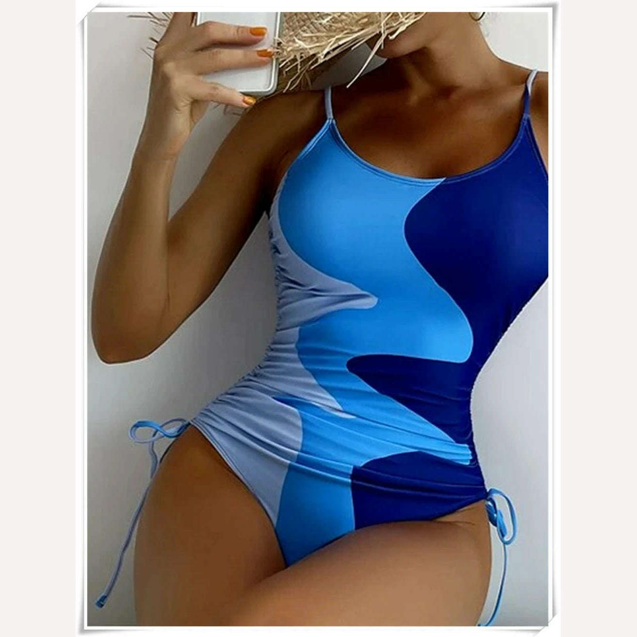 Straped Swimsuit 2023 Women Drawstring One Piece Swimwear Female Triangle Beachwear Bathers Color Block Bathing Suit Bodysuit - KIMLUD