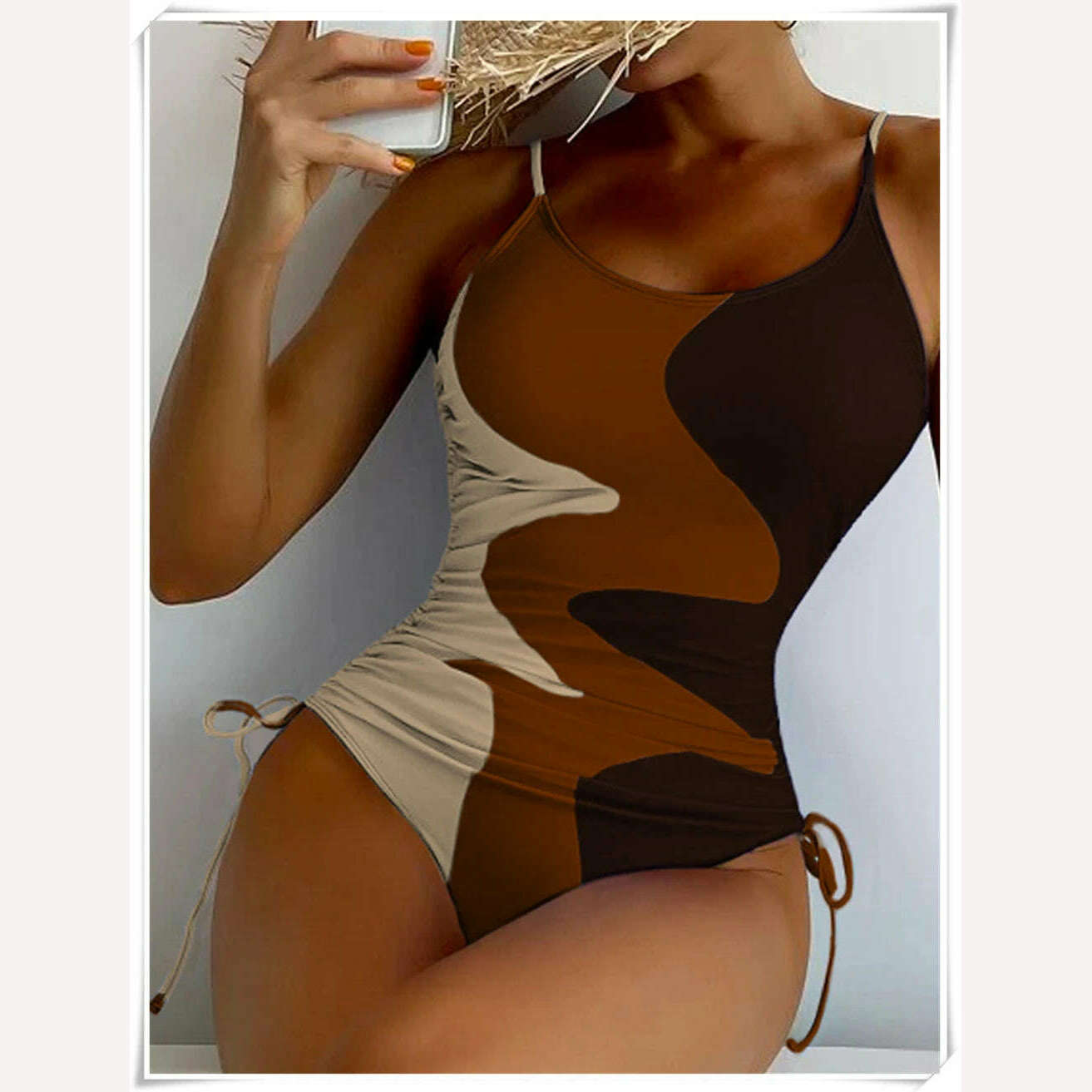 Straped Swimsuit 2023 Women Drawstring One Piece Swimwear Female Triangle Beachwear Bathers Color Block Bathing Suit Bodysuit - KIMLUD