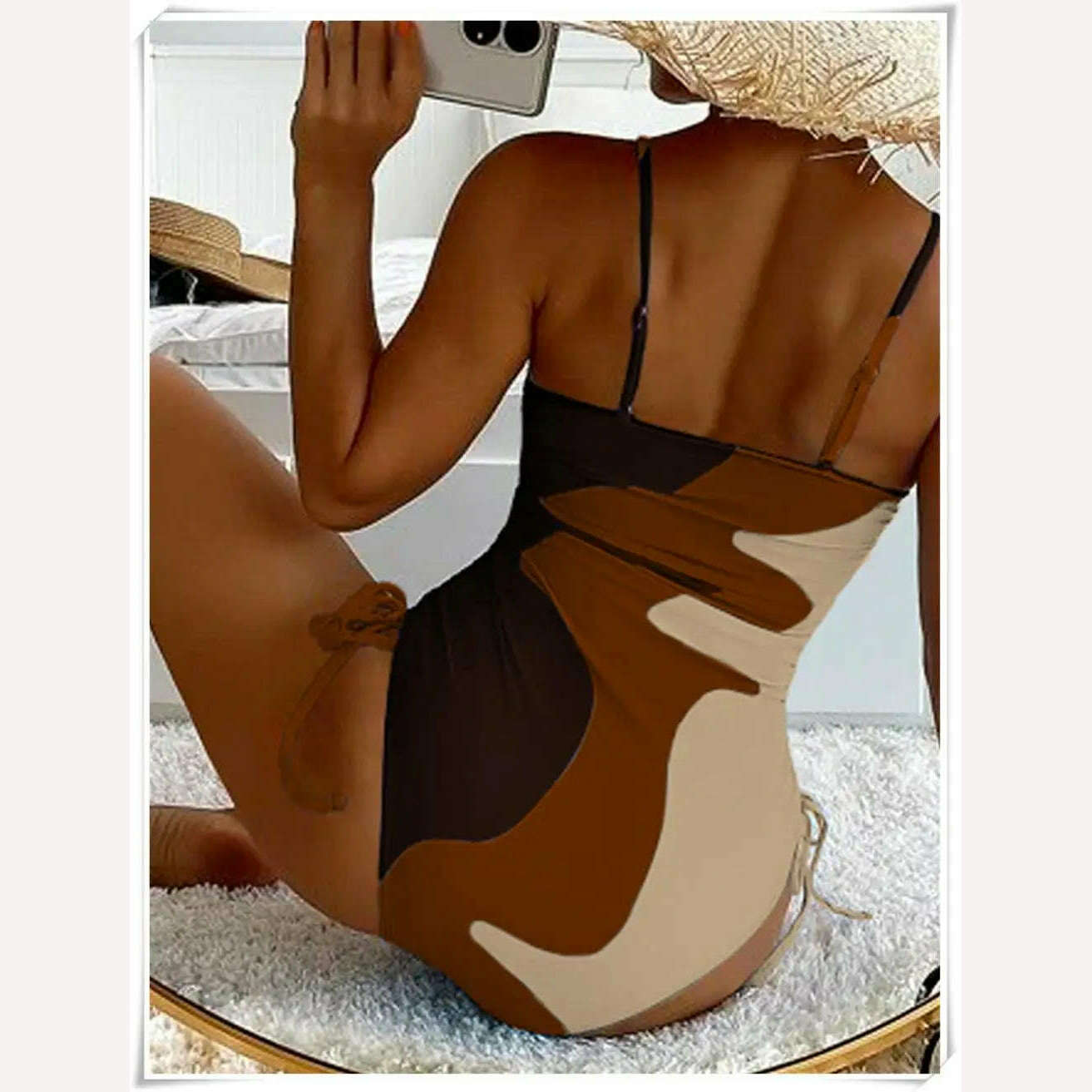 Straped Swimsuit 2023 Women Drawstring One Piece Swimwear Female Triangle Beachwear Bathers Color Block Bathing Suit Bodysuit - KIMLUD