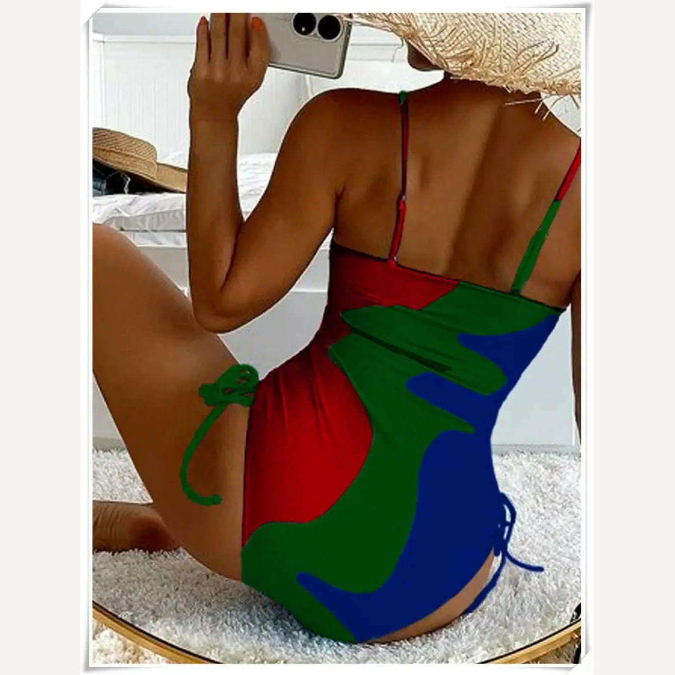 Straped Swimsuit 2023 Women Drawstring One Piece Swimwear Female Triangle Beachwear Bathers Color Block Bathing Suit Bodysuit - KIMLUD