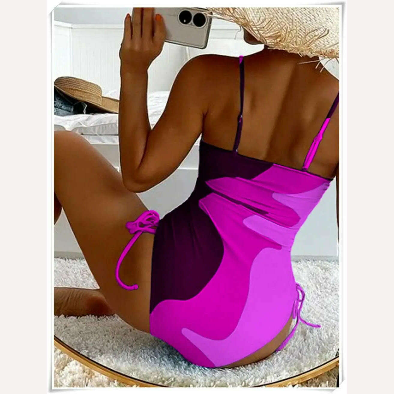 Straped Swimsuit 2023 Women Drawstring One Piece Swimwear Female Triangle Beachwear Bathers Color Block Bathing Suit Bodysuit - KIMLUD