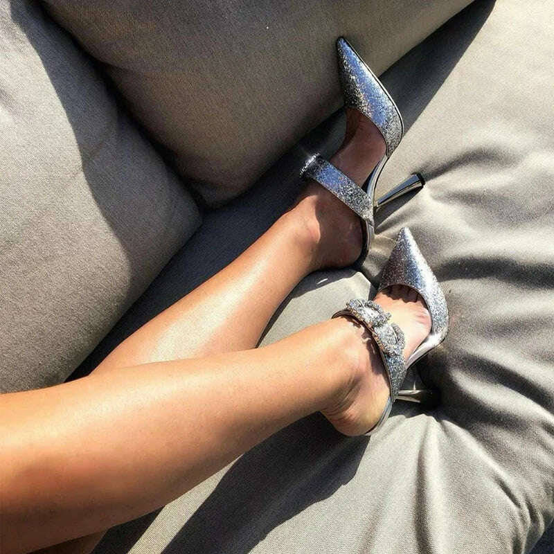 Summer Stiletto Sandals Women High Heels Rhinestone Buckle Pointed Toe Shoes Women High-Heeled Slippers sandalias de las mujeres - KIMLUD