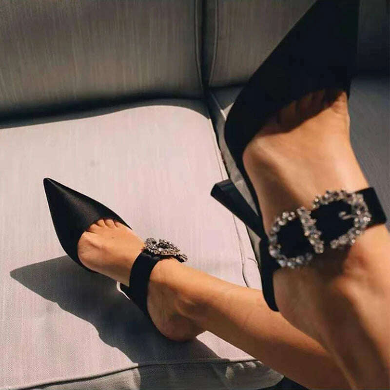 Summer Stiletto Sandals Women High Heels Rhinestone Buckle Pointed Toe Shoes Women High-Heeled Slippers sandalias de las mujeres - KIMLUD