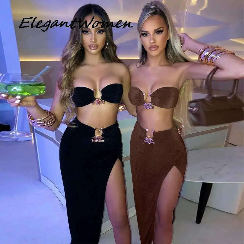 Summer Strapless Slim Dresses Set For Women Sexy Metal Chain Backless Bodycon Dress Side Split Ladies Party Night Long Dress New - KIMLUD
