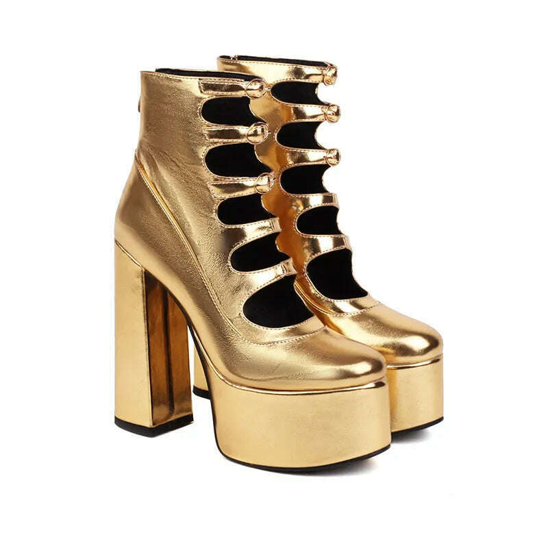 Super High Waterproof Platform Microfiber Material Roman Style Golden Hollow Sexy Woman's Ankle Boots Back Zipper Plush Lining - KIMLUD