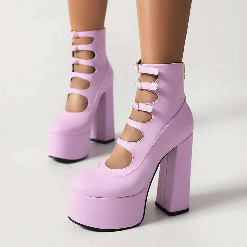 Super High Waterproof Platform Microfiber Material Roman Style Golden Hollow Sexy Woman's Ankle Boots Back Zipper Plush Lining - KIMLUD