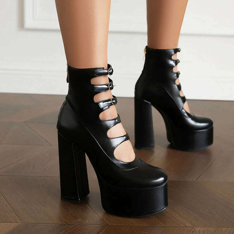 Super High Waterproof Platform Microfiber Material Roman Style Golden Hollow Sexy Woman's Ankle Boots Back Zipper Plush Lining - KIMLUD