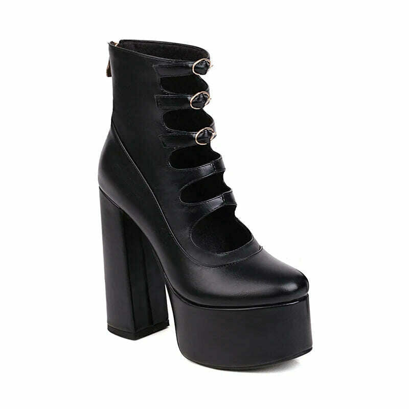Super High Waterproof Platform Microfiber Material Roman Style Golden Hollow Sexy Woman's Ankle Boots Back Zipper Plush Lining - KIMLUD