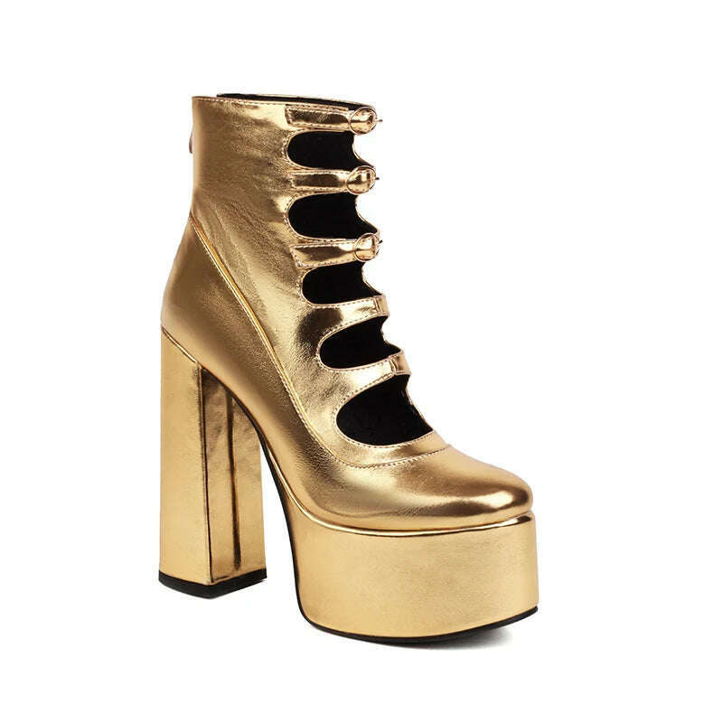 Super High Waterproof Platform Microfiber Material Roman Style Golden Hollow Sexy Woman's Ankle Boots Back Zipper Plush Lining - KIMLUD